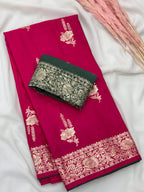 Pink Pure Viscose Muslin Saree with Floral Zari Weave and Contrast Piping