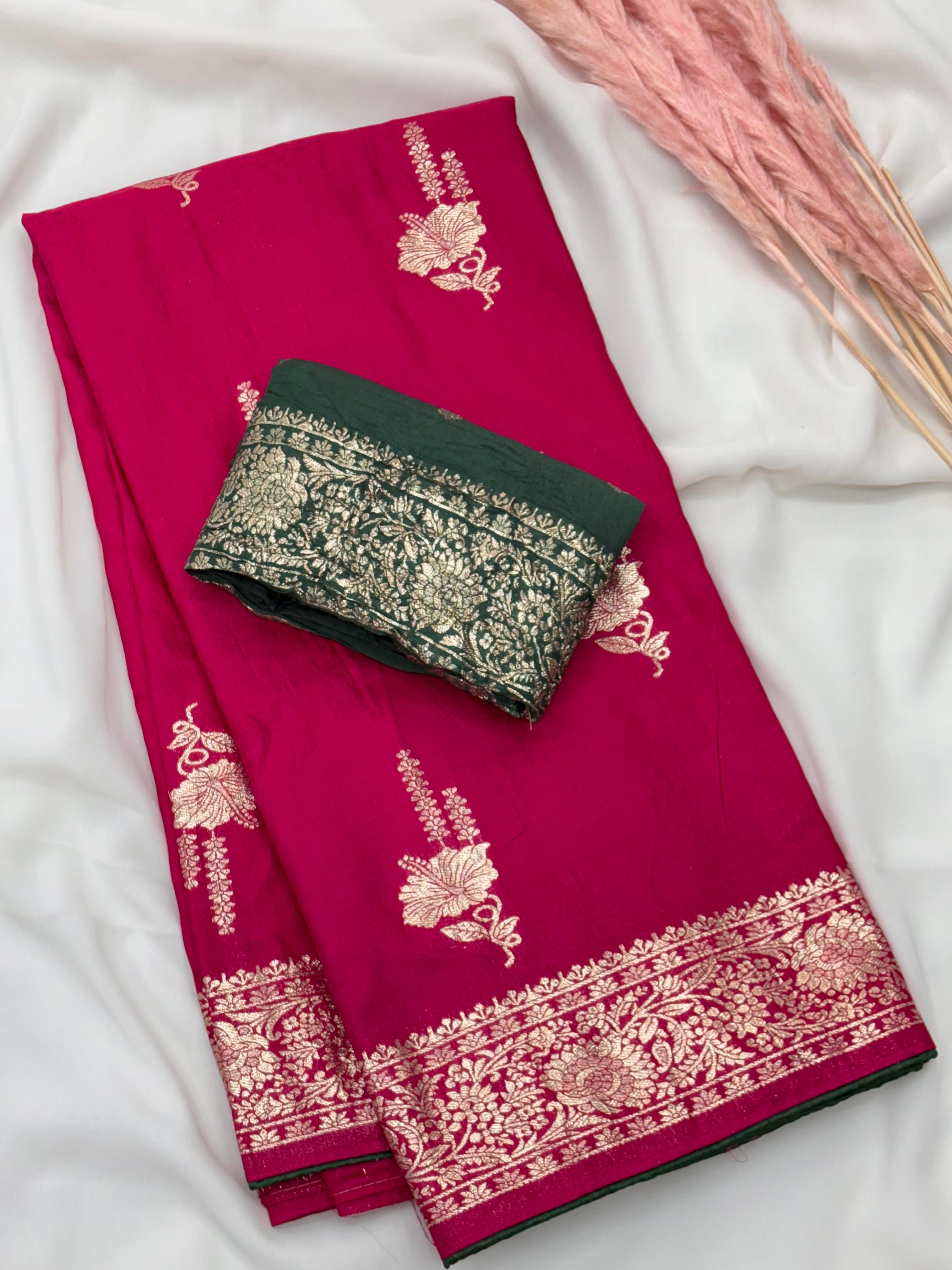 Pink Pure Viscose Muslin Saree with Floral Zari Weave and Contrast Piping