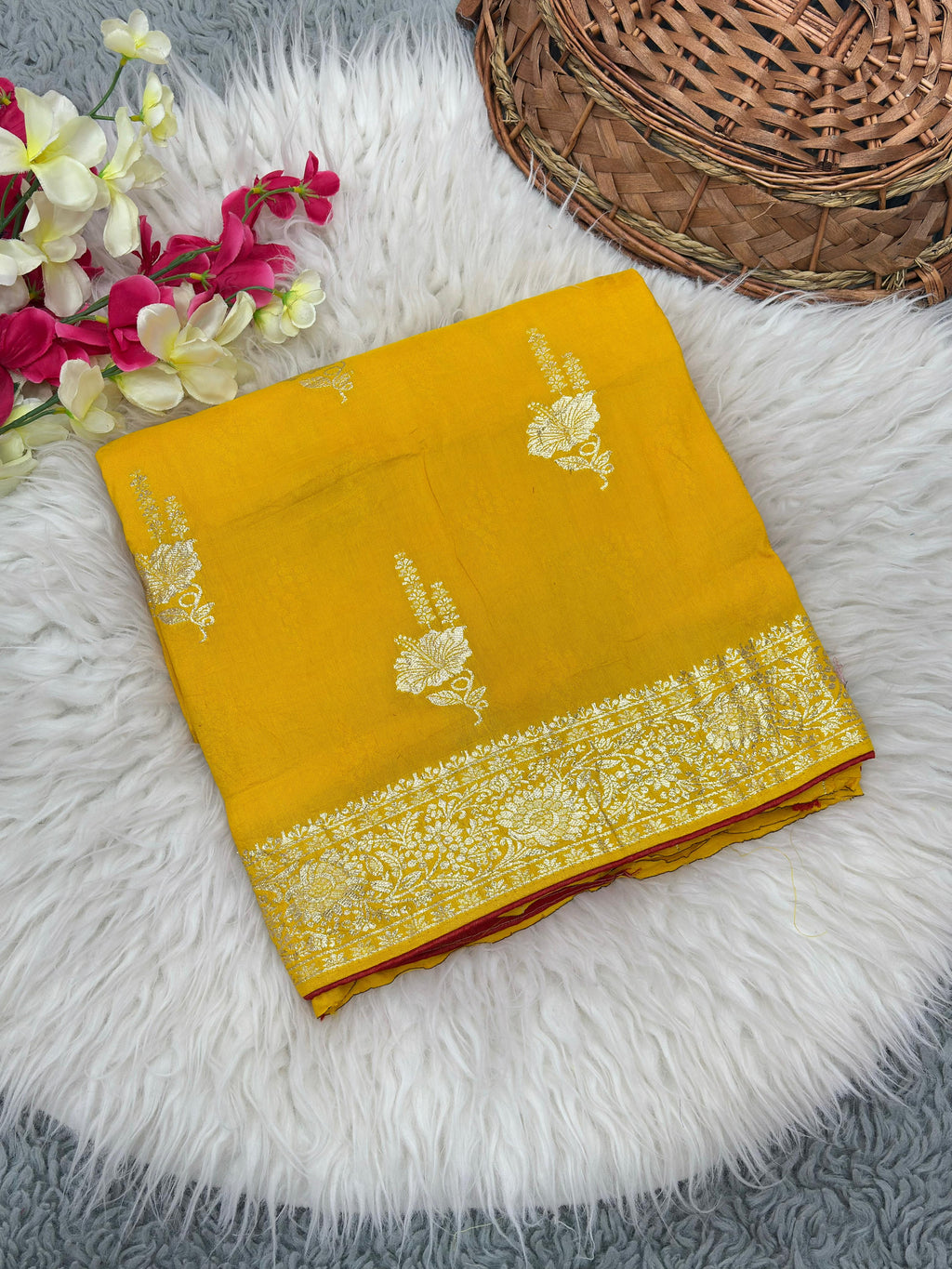 Yellow Pure Viscose Muslin Saree with Floral Zari Weave and Contrast Piping