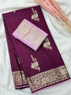 Wine Pure Viscose Muslin Saree with Floral Zari Weave and Contrast Piping