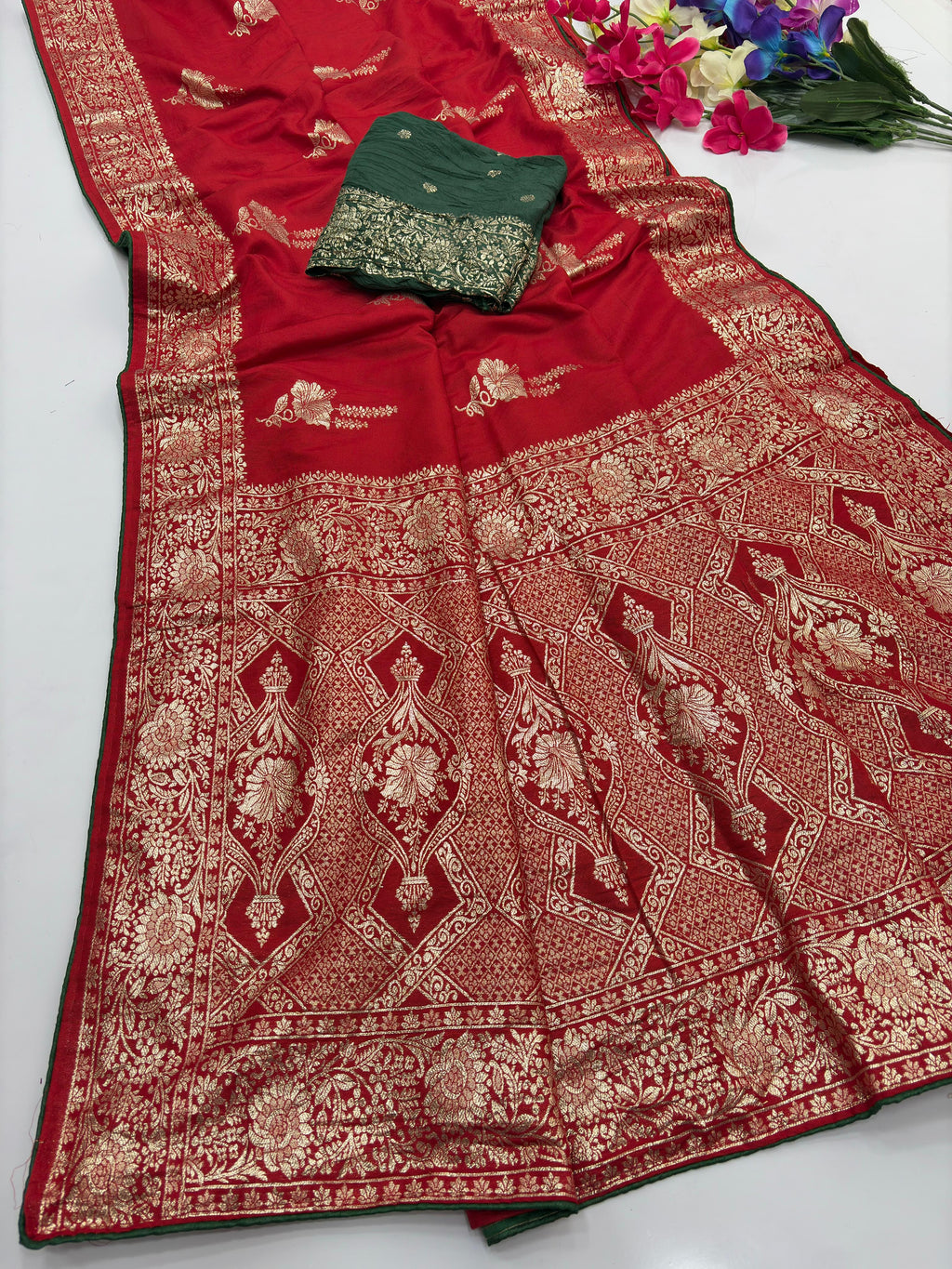 Red Pure Viscose Muslin Saree with Floral Zari Weave and Contrast Piping