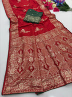 Red Pure Viscose Muslin Saree with Floral Zari Weave and Contrast Piping