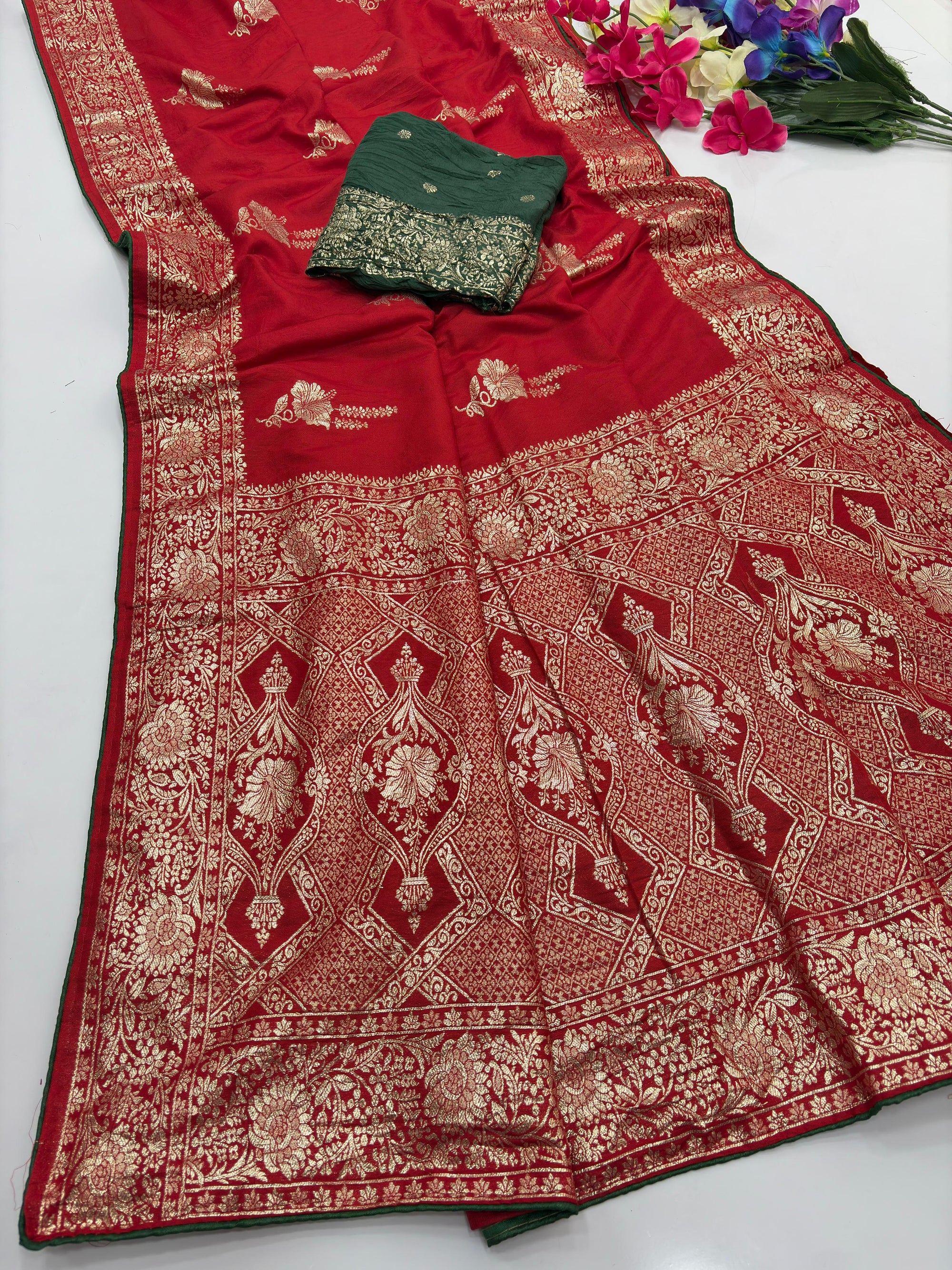 Red Pure Viscose Muslin Saree with Floral Zari Weave and Contrast Piping