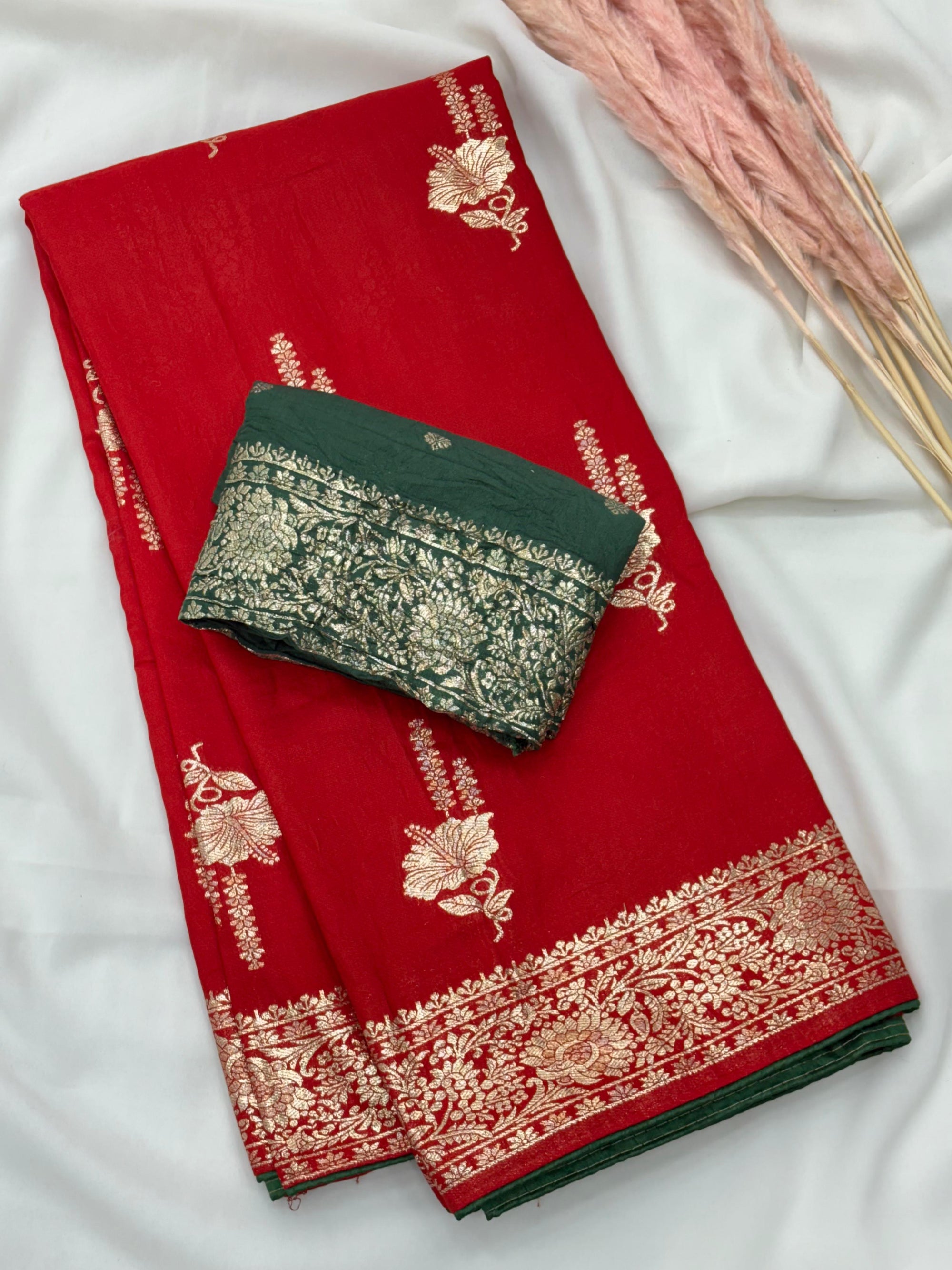 Red Pure Viscose Muslin Saree with Floral Zari Weave and Contrast Piping