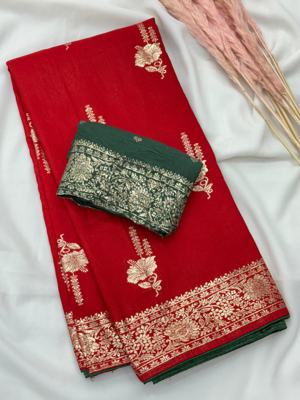 Red Pure Viscose Muslin Saree with Floral Zari Weave and Contrast Piping