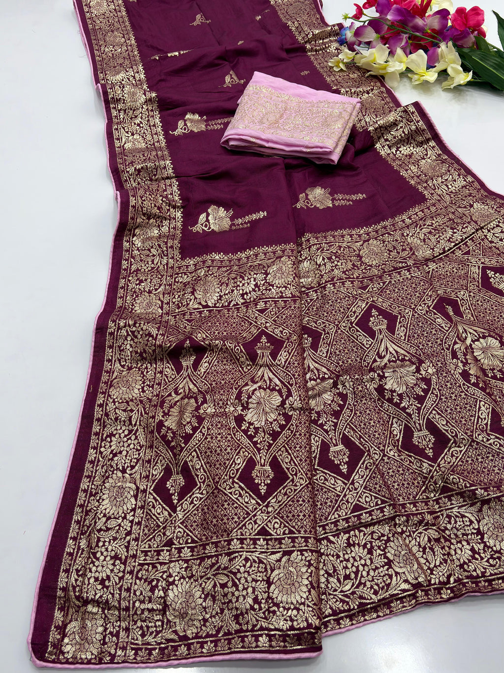 Wine Pure Viscose Muslin Saree with Floral Zari Weave and Contrast Piping
