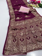 Wine Pure Viscose Muslin Saree with Floral Zari Weave and Contrast Piping