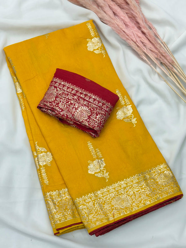 Yellow Pure Viscose Muslin Saree with Floral Zari Weave and Contrast Piping