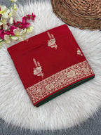Red Pure Viscose Muslin Saree with Floral Zari Weave and Contrast Piping