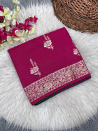Pink Pure Viscose Muslin Saree with Floral Zari Weave and Contrast Piping