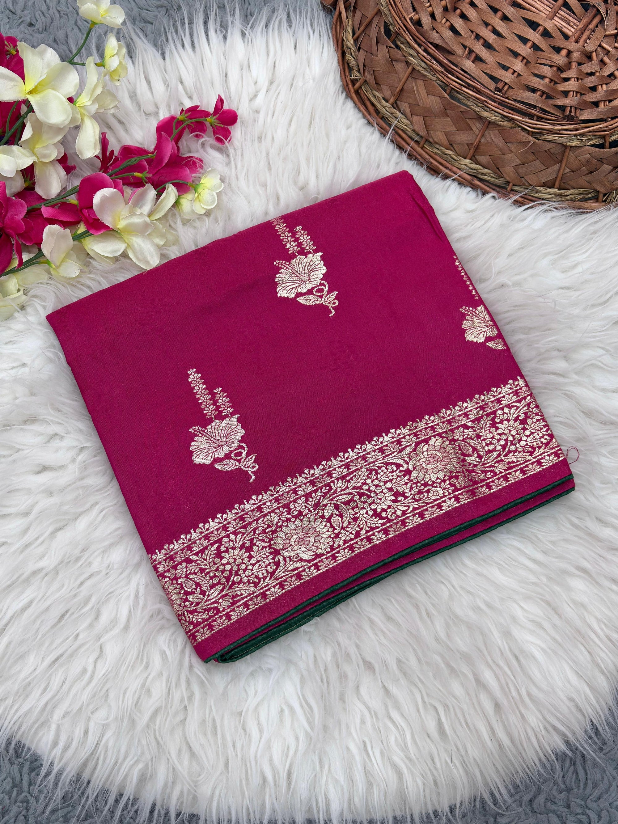 Pink Pure Viscose Muslin Saree with Floral Zari Weave and Contrast Piping