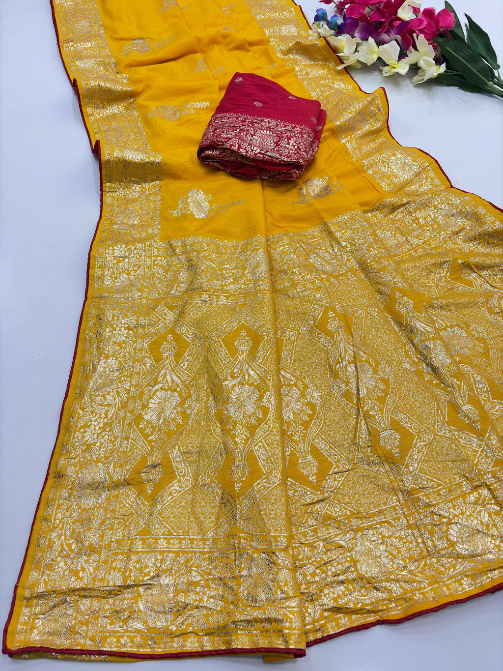 Yellow Pure Viscose Muslin Saree with Floral Zari Weave and Contrast Piping