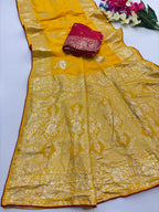 Yellow Pure Viscose Muslin Saree with Floral Zari Weave and Contrast Piping