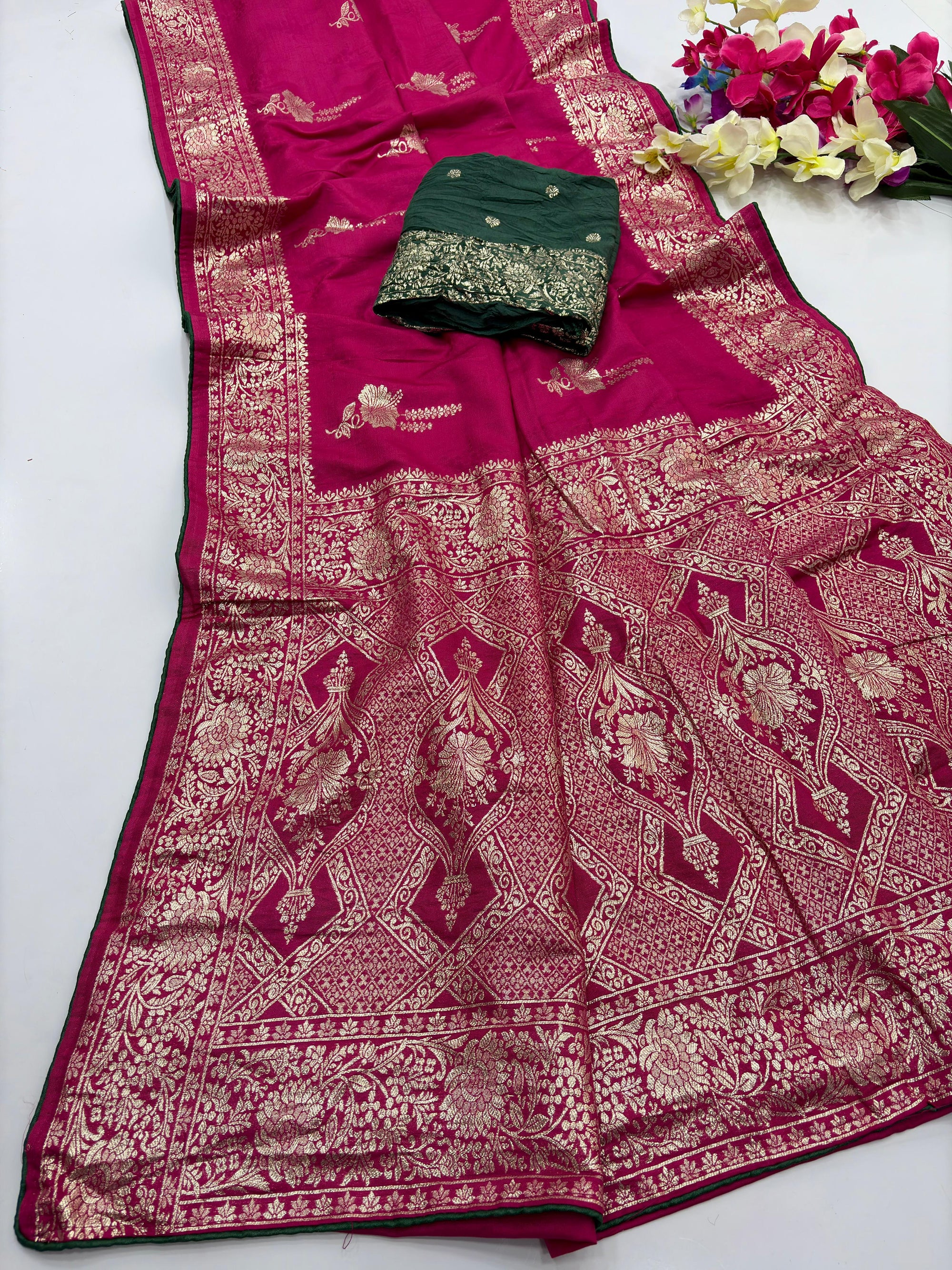 Pink Pure Viscose Muslin Saree with Floral Zari Weave and Contrast Piping