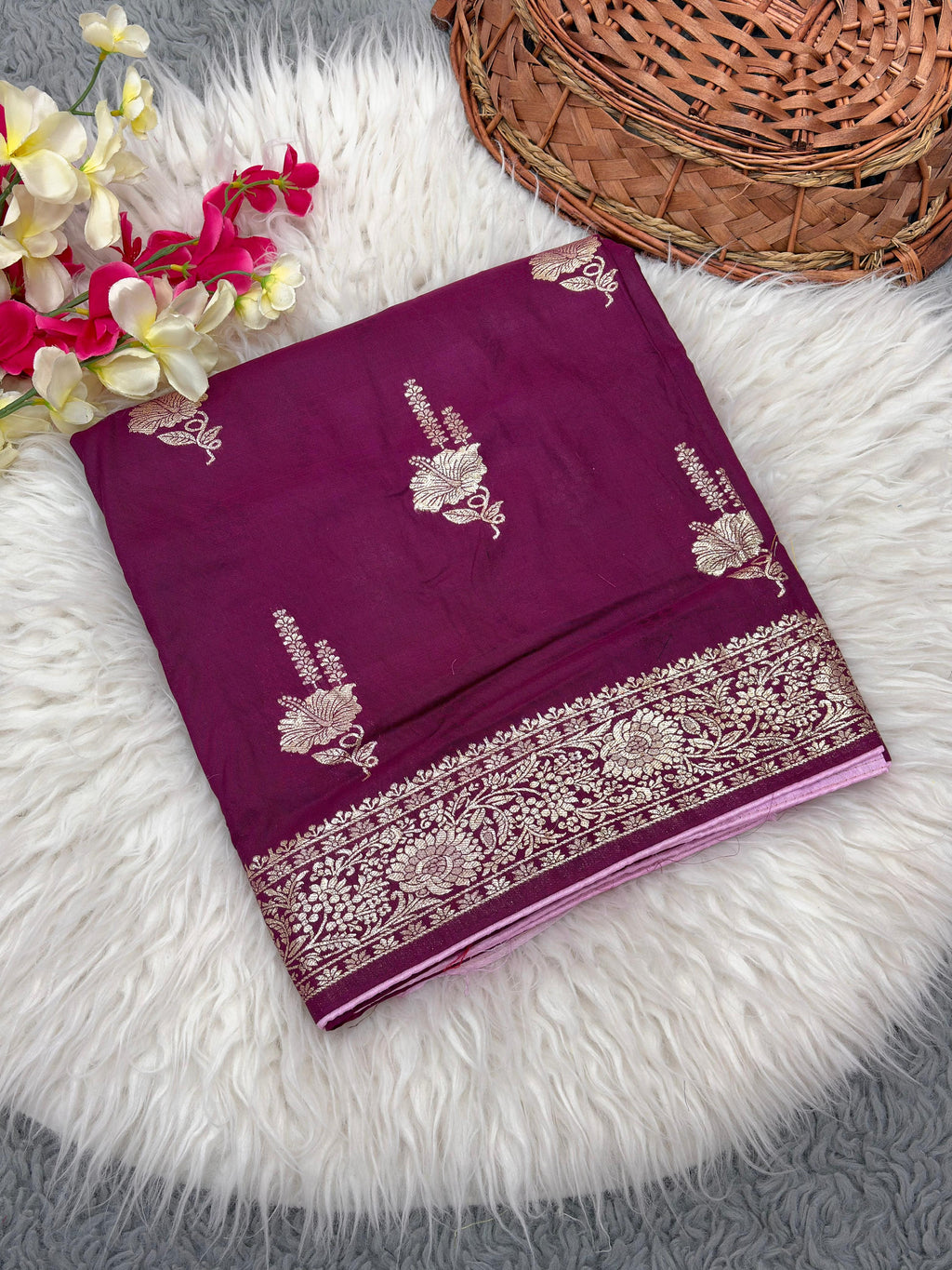 Wine Pure Viscose Muslin Saree with Floral Zari Weave and Contrast Piping