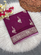 Wine Pure Viscose Muslin Saree with Floral Zari Weave and Contrast Piping