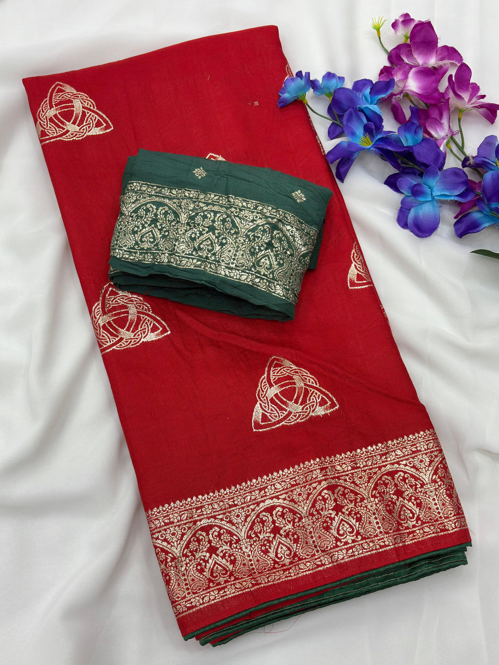 Red Viscose Muslin Saree with Zari Weave and Contrast Piping