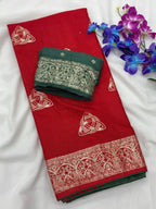 Red Viscose Muslin Saree with Zari Weave and Contrast Piping