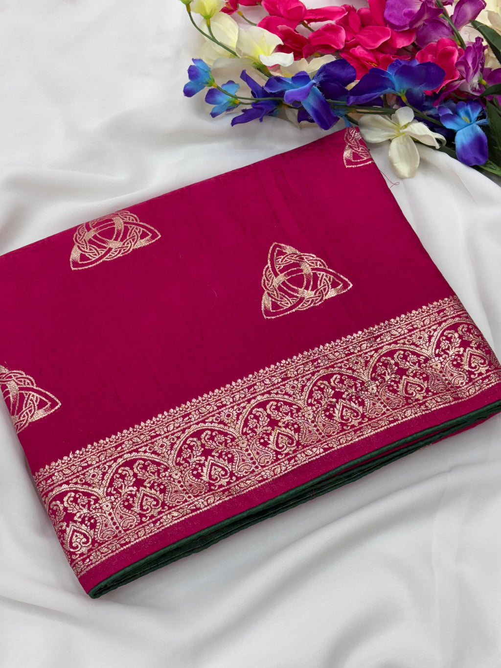 Pink Viscose Muslin Saree with Zari Weave and Contrast Piping