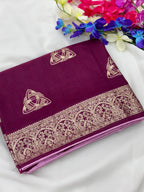 Wine Viscose Muslin Saree with Zari Weave and Contrast Piping