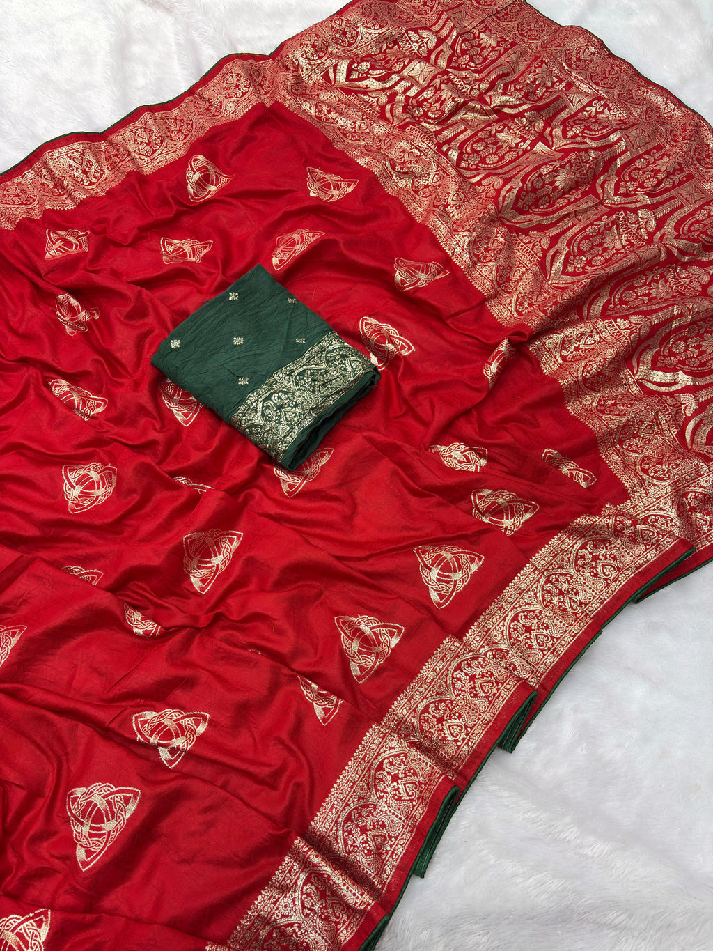 Red Viscose Muslin Saree with Zari Weave and Contrast Piping