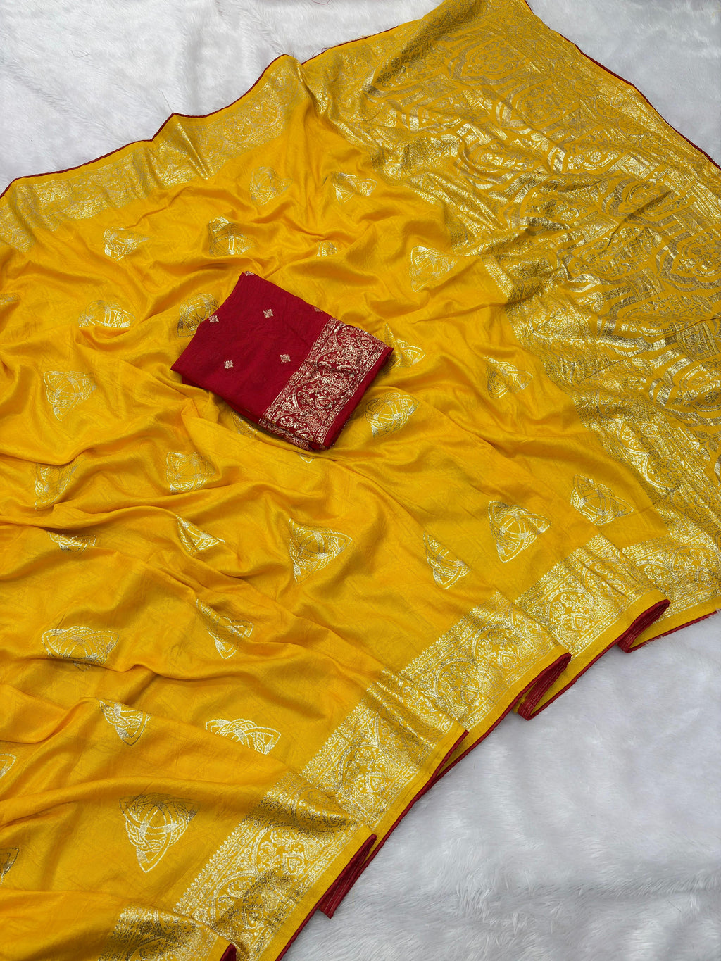 Yellow Viscose Muslin Saree with Zari Weave and Contrast Piping