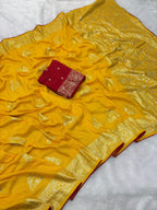 Yellow Viscose Muslin Saree with Zari Weave and Contrast Piping