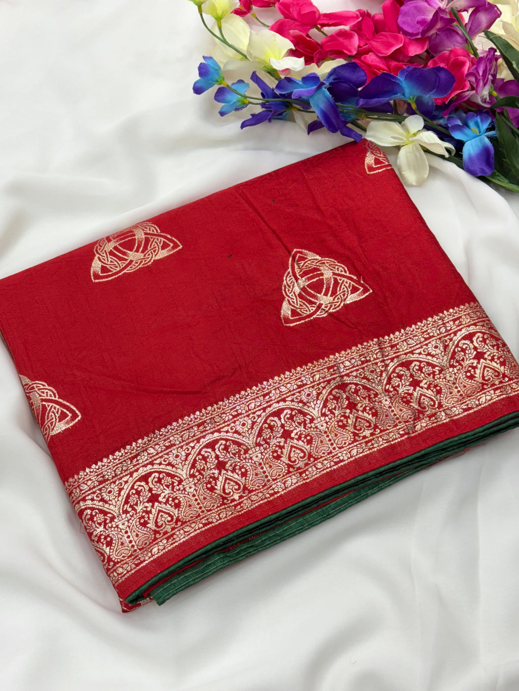 Red Viscose Muslin Saree with Zari Weave and Contrast Piping