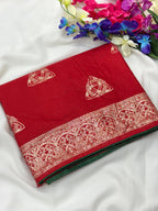 Red Viscose Muslin Saree with Zari Weave and Contrast Piping