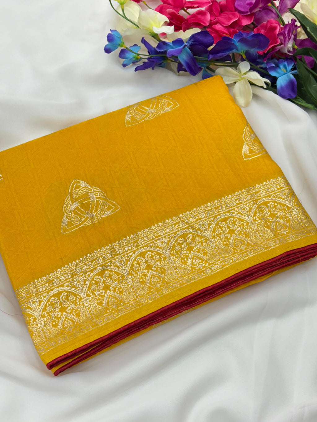 Yellow Viscose Muslin Saree with Zari Weave and Contrast Piping