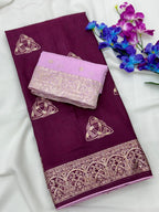 Wine Viscose Muslin Saree with Zari Weave and Contrast Piping