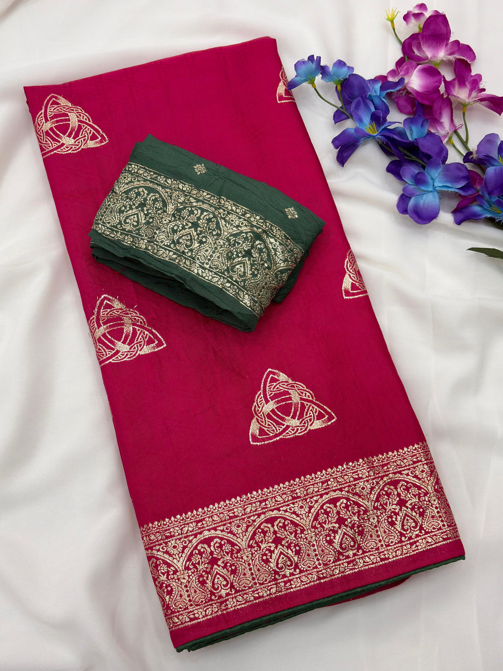 Pink Viscose Muslin Saree with Zari Weave and Contrast Piping