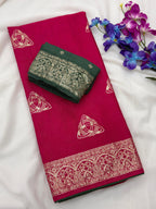 Pink Viscose Muslin Saree with Zari Weave and Contrast Piping
