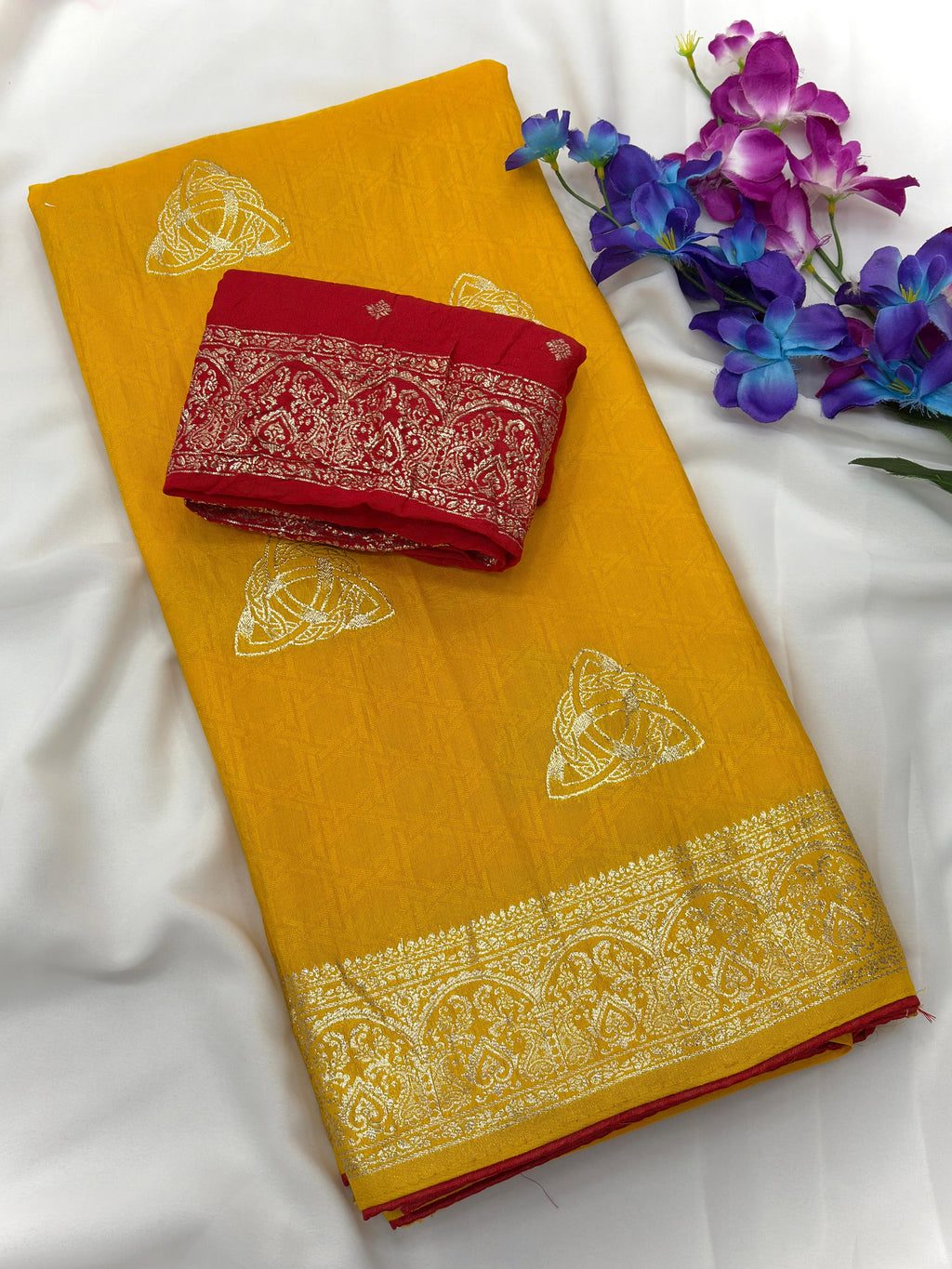 Yellow Viscose Muslin Saree with Zari Weave and Contrast Piping