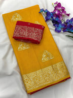 Yellow Viscose Muslin Saree with Zari Weave and Contrast Piping
