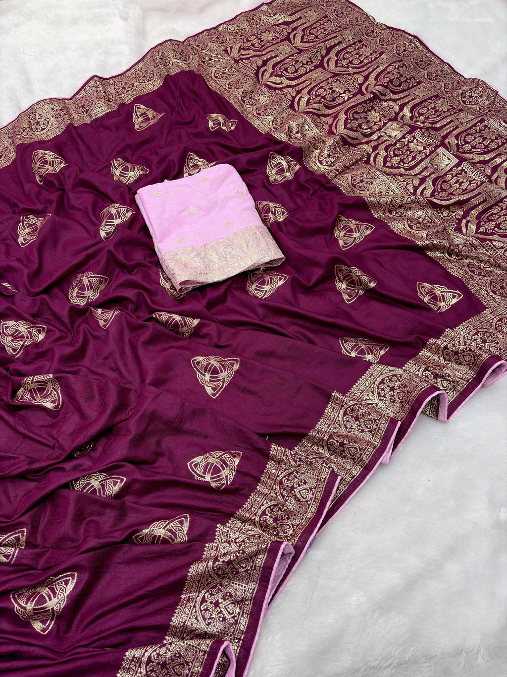 Wine Viscose Muslin Saree with Zari Weave and Contrast Piping