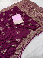 Wine Viscose Muslin Saree with Zari Weave and Contrast Piping