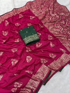 Pink Viscose Muslin Saree with Zari Weave and Contrast Piping