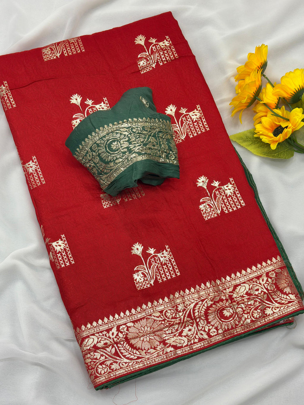 Red Viscose Muslin Saree with Floral Zari Weave and Contrast Piping