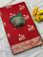 Red Viscose Muslin Saree with Floral Zari Weave and Contrast Piping