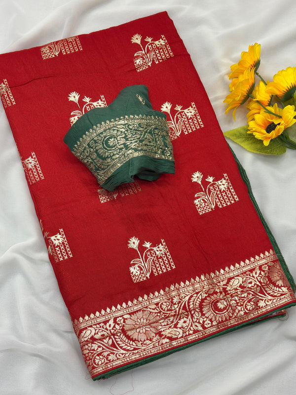 Red Viscose Muslin Saree with Floral Zari Weave and Contrast Piping