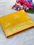 Yellow Viscose Muslin Saree with Floral Zari Weave and Contrast Piping