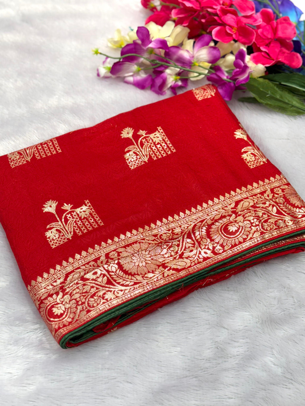 Red Viscose Muslin Saree with Floral Zari Weave and Contrast Piping