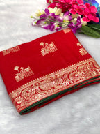 Red Viscose Muslin Saree with Floral Zari Weave and Contrast Piping