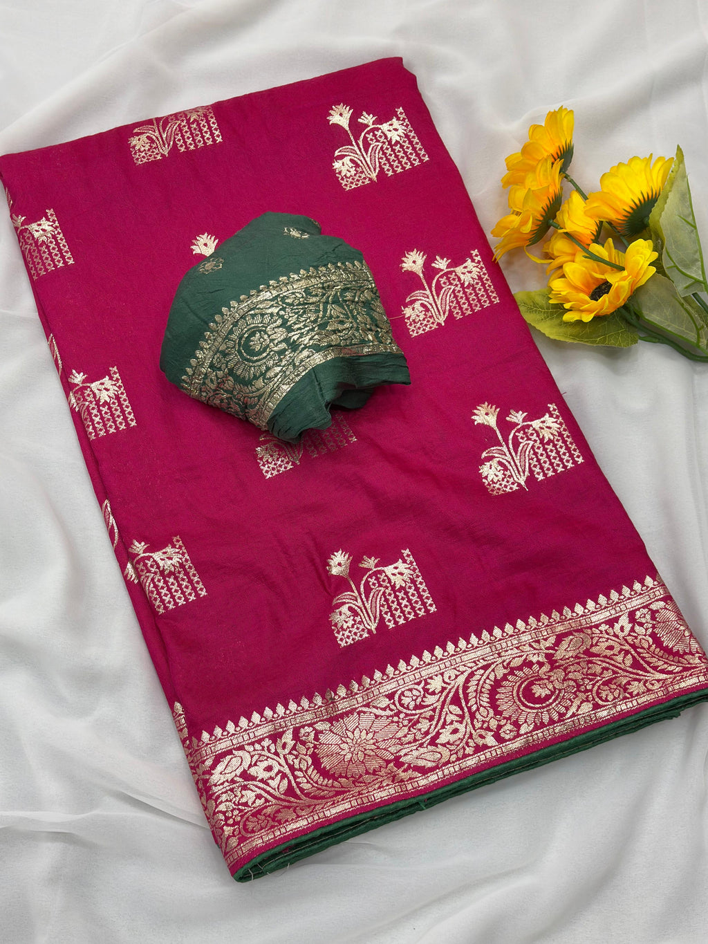 Pink Viscose Muslin Saree with Floral Zari Weave and Contrast Piping