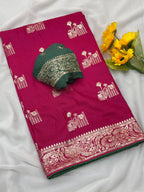 Pink Viscose Muslin Saree with Floral Zari Weave and Contrast Piping