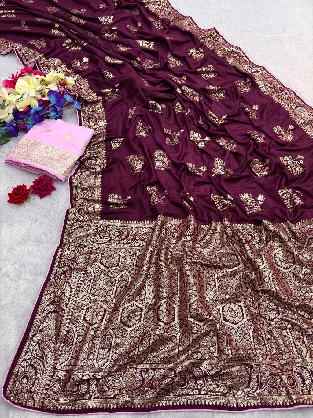 Wine Viscose Muslin Saree with Floral Zari Weave and Contrast Piping