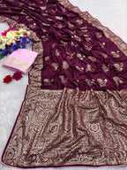 Wine Viscose Muslin Saree with Floral Zari Weave and Contrast Piping