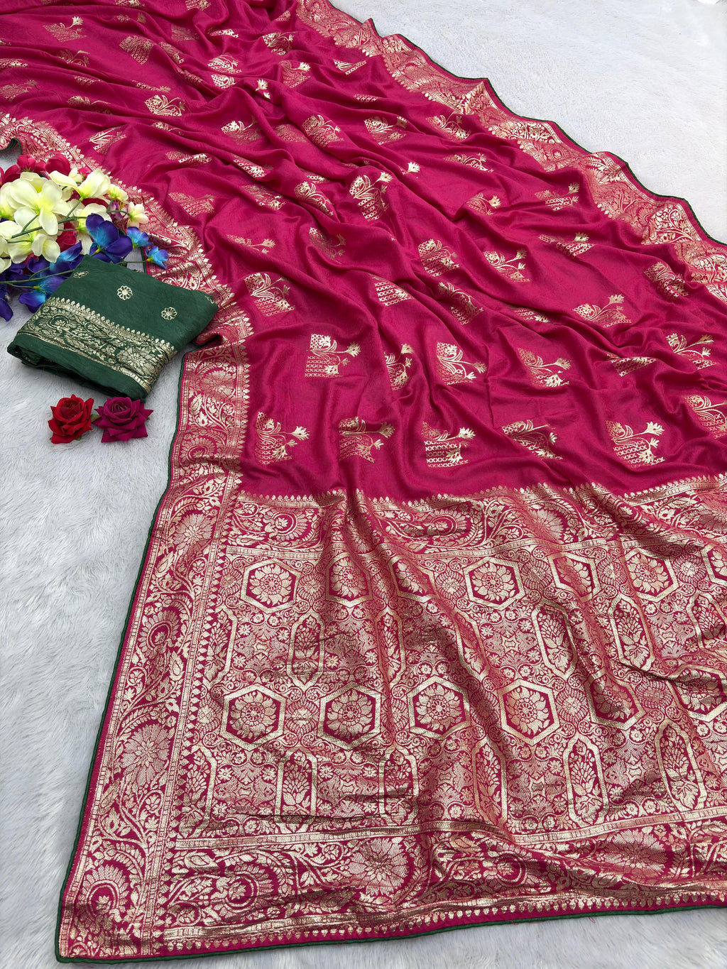 Pink Viscose Muslin Saree with Floral Zari Weave and Contrast Piping