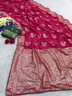 Pink Viscose Muslin Saree with Floral Zari Weave and Contrast Piping